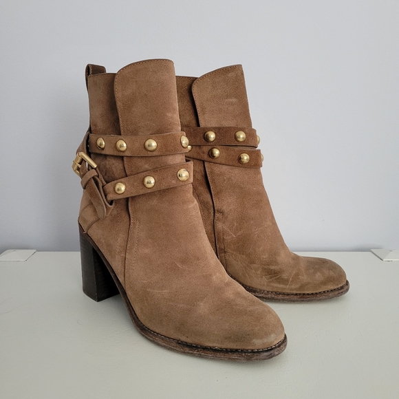 SEE BY CHLOE tan suede heeled booties with belt detail and gold studs - Picture 1 of 7
